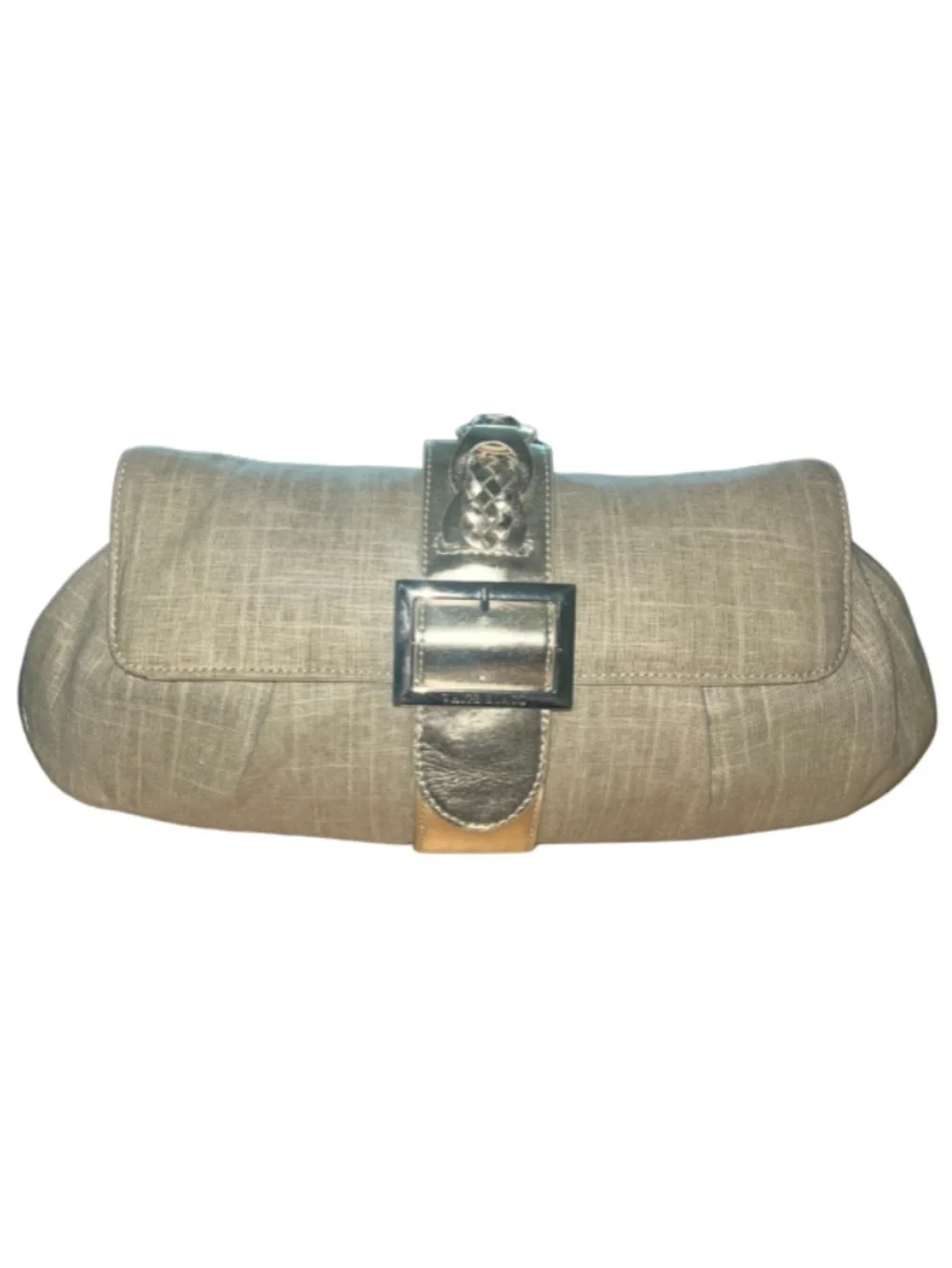 White House Black Market Silver and Tan Linen Braided Buckle Evening Clutch